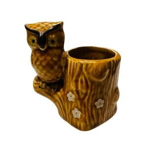 Vintage Owl Figurine Toothpick Holder Tree Branch Stump Ceramic Brown Air Plant